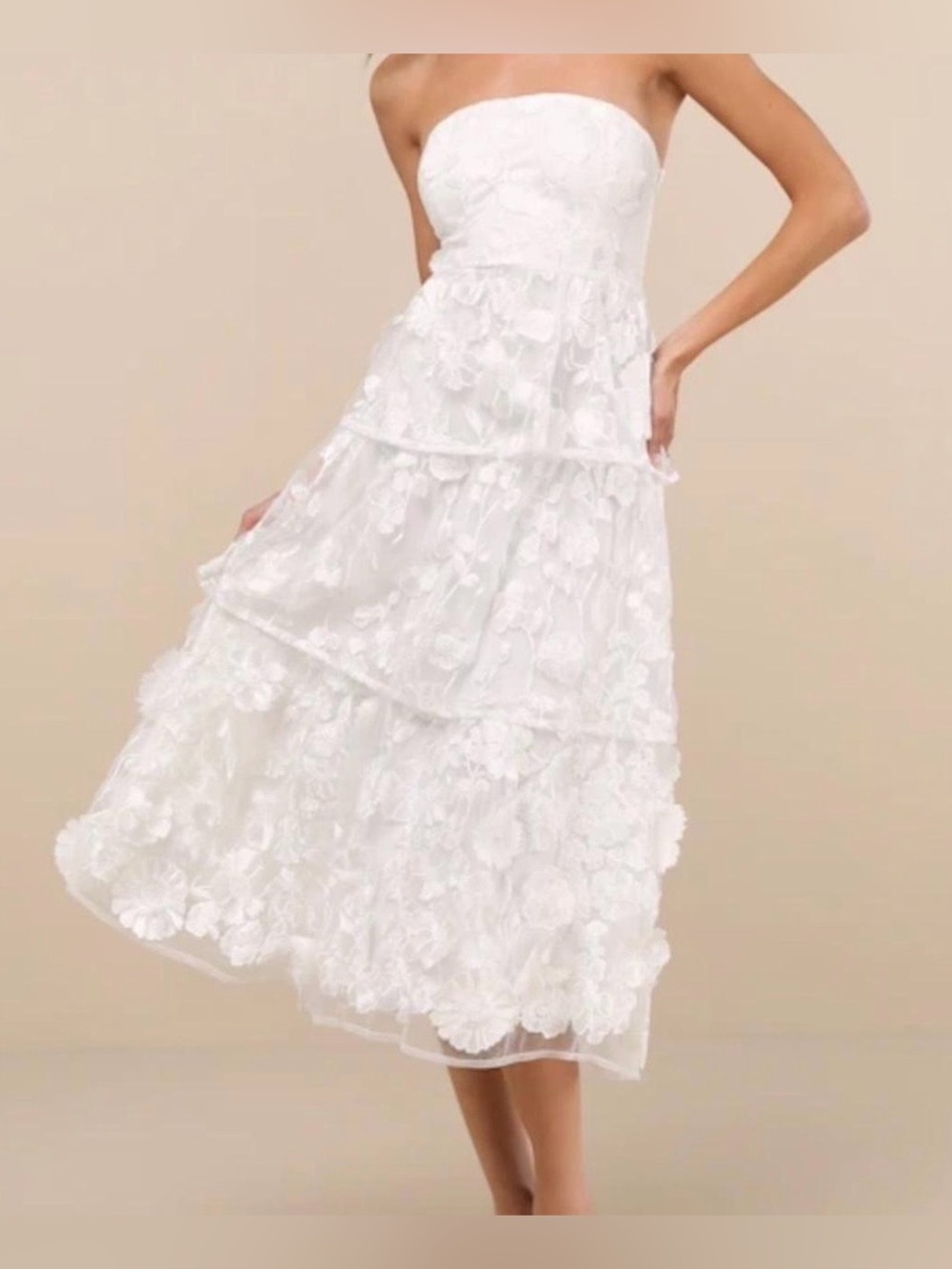 White Lulu’s strapless midi dress with tiered ruffles and floral appliqué detail